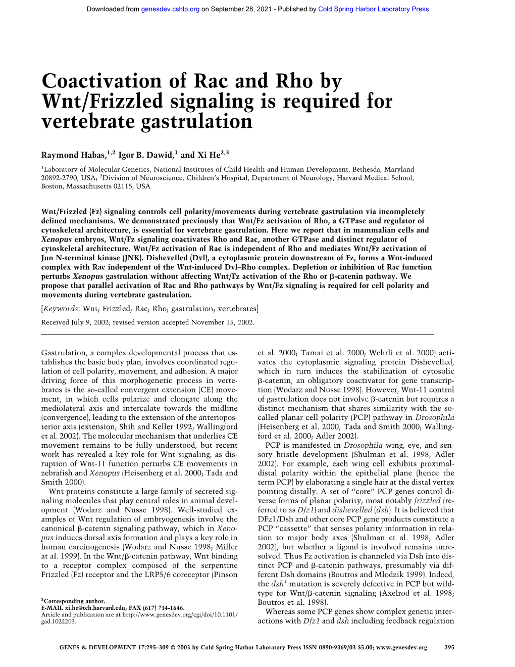 Coactivation of Rac and Rho by Wnt/Frizzled Signaling Is Required for Vertebrate Gastrulation