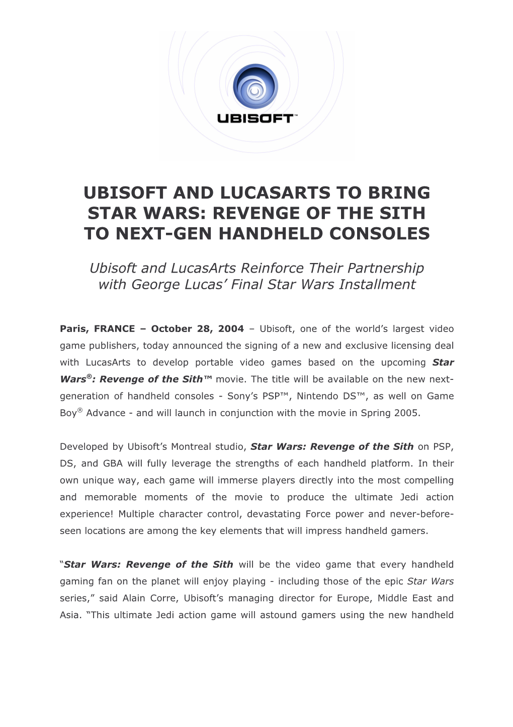 Ubisoft and Lucasarts to Bring Star Wars: Revenge of the Sith to Next-Gen Handheld Consoles