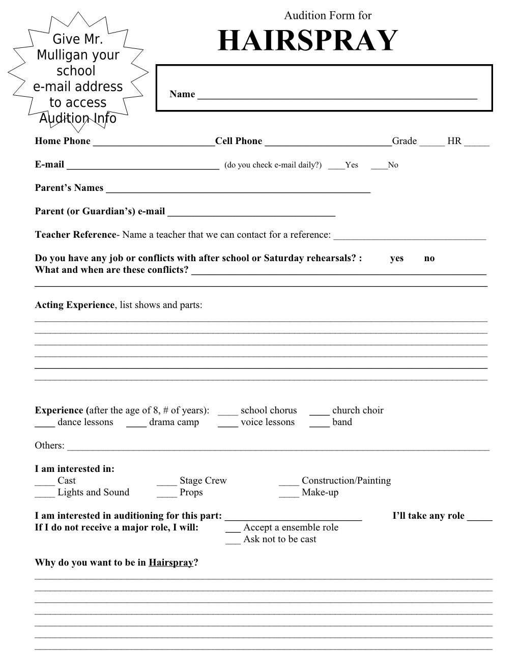 Audition Form For