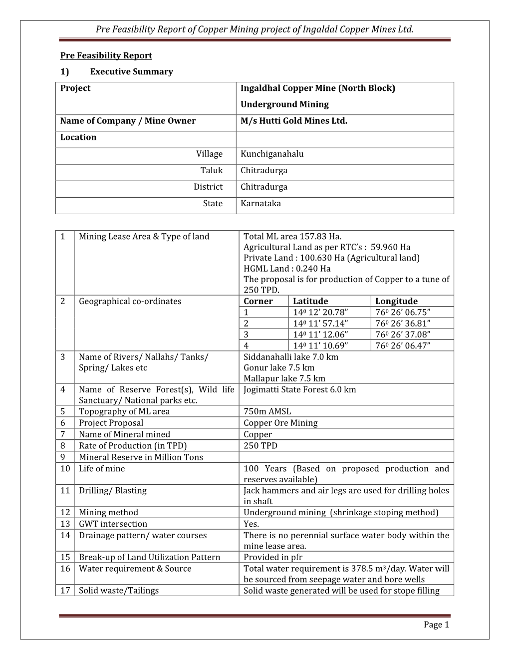 Pre Feasibility Report of Copper Mining Project of Ingaldal Copper Mines Ltd