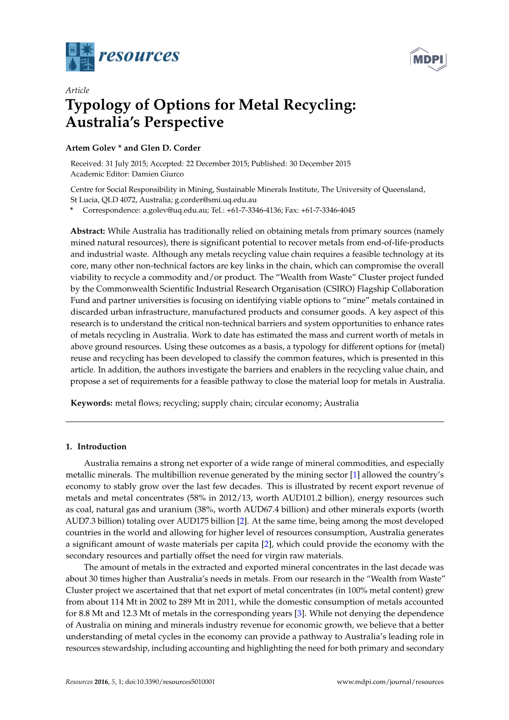 Typology of Options for Metal Recycling: Australia’S Perspective