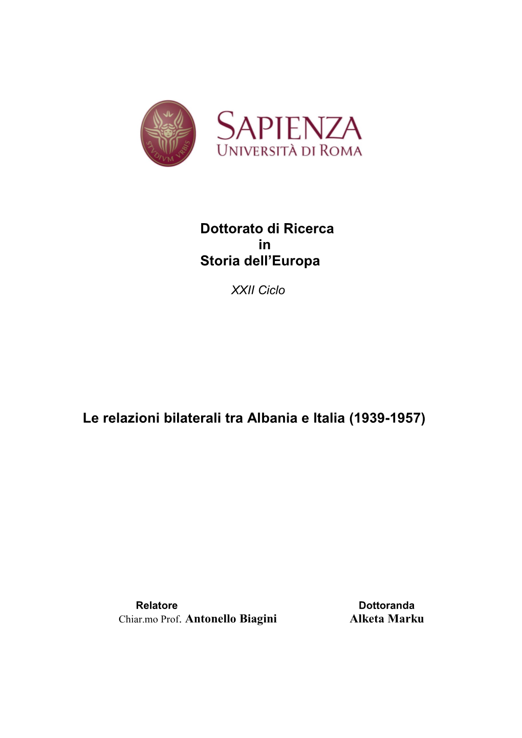 Dottorato Di Ricerca in Storia Dell'europa Le