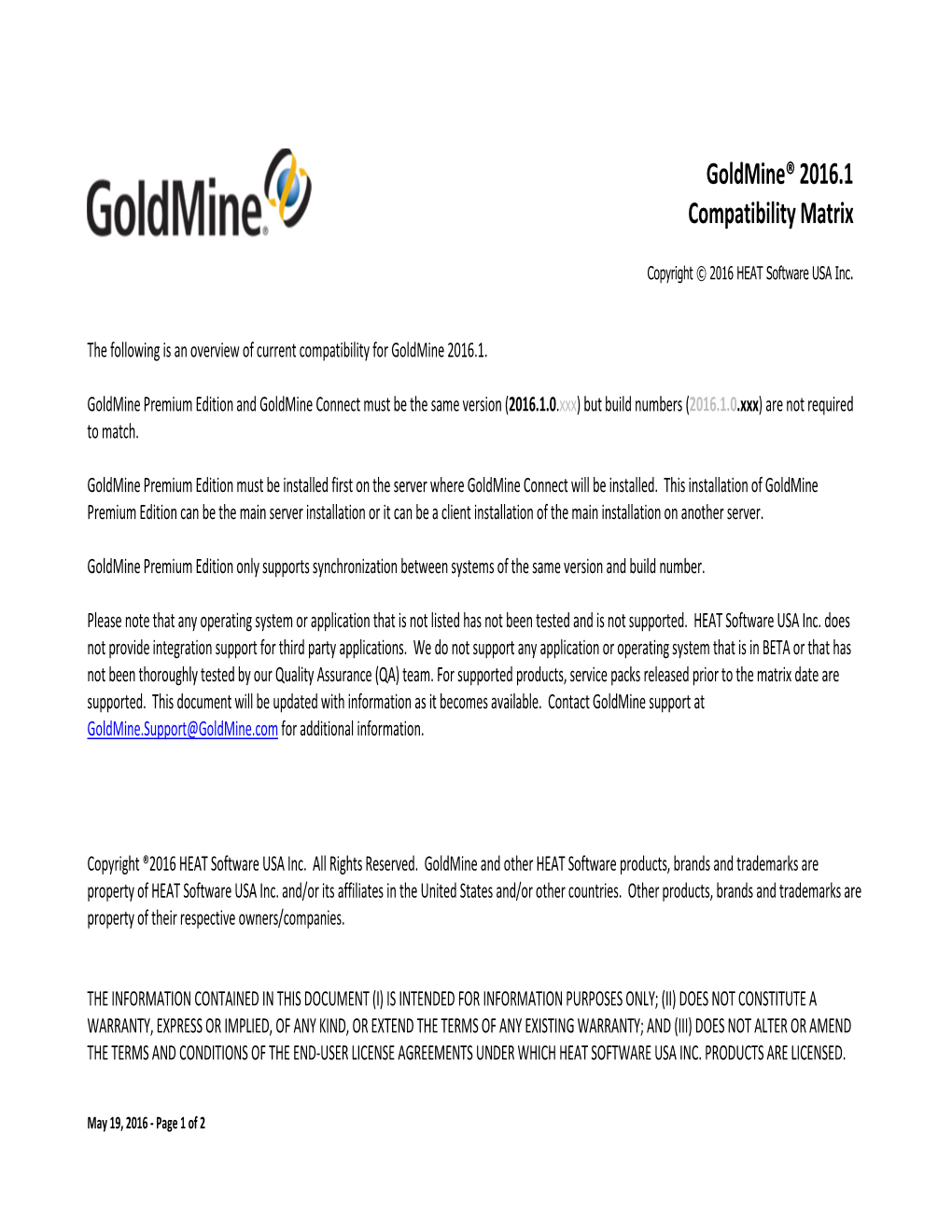 Goldmine® 2016.1 Compatibility Matrix