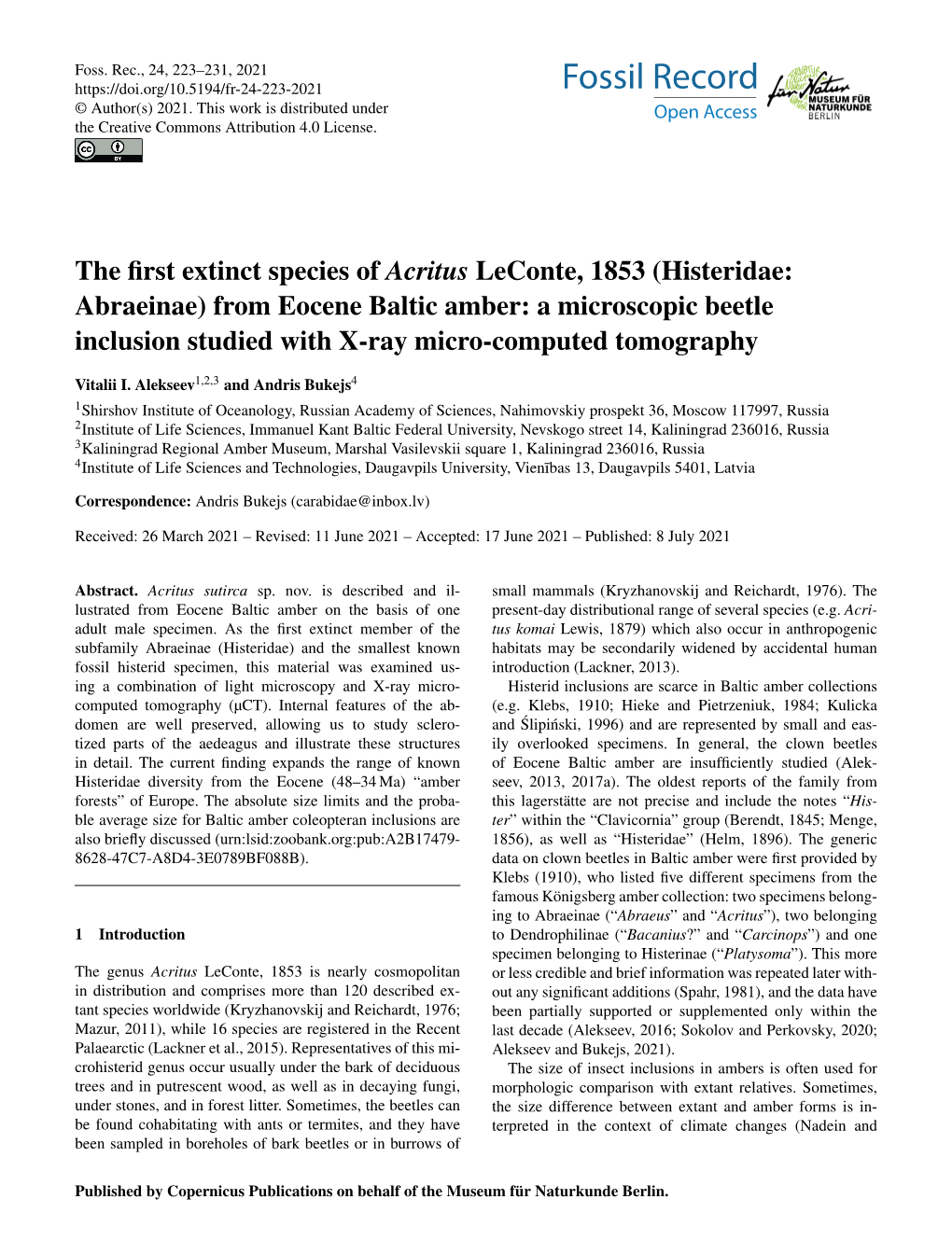 Histeridae: Abraeinae) from Eocene Baltic Amber: a Microscopic Beetle Inclusion Studied with X-Ray Micro-Computed Tomography