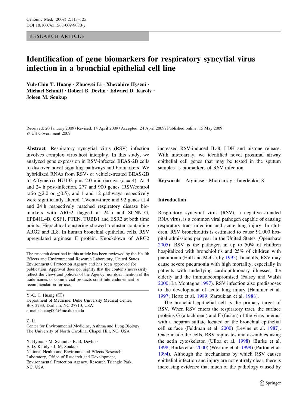 Identification of Gene Biomarkers for Respiratory Syncytial Virus Infection