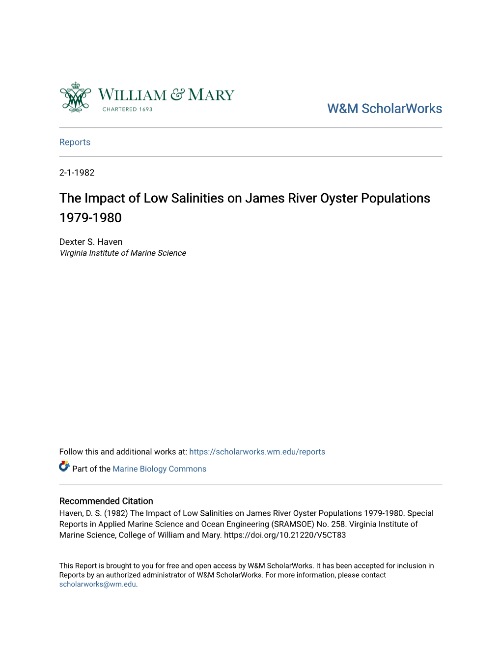 The Impact of Low Salinities on James River Oyster Populations 1979-1980