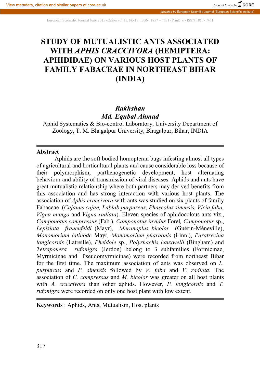 Study of Mutualistic Ants Associated with Aphis Craccivora (Hemiptera: Aphididae) on Various Host Plants of Family Fabaceae in Northeast Bihar (India)