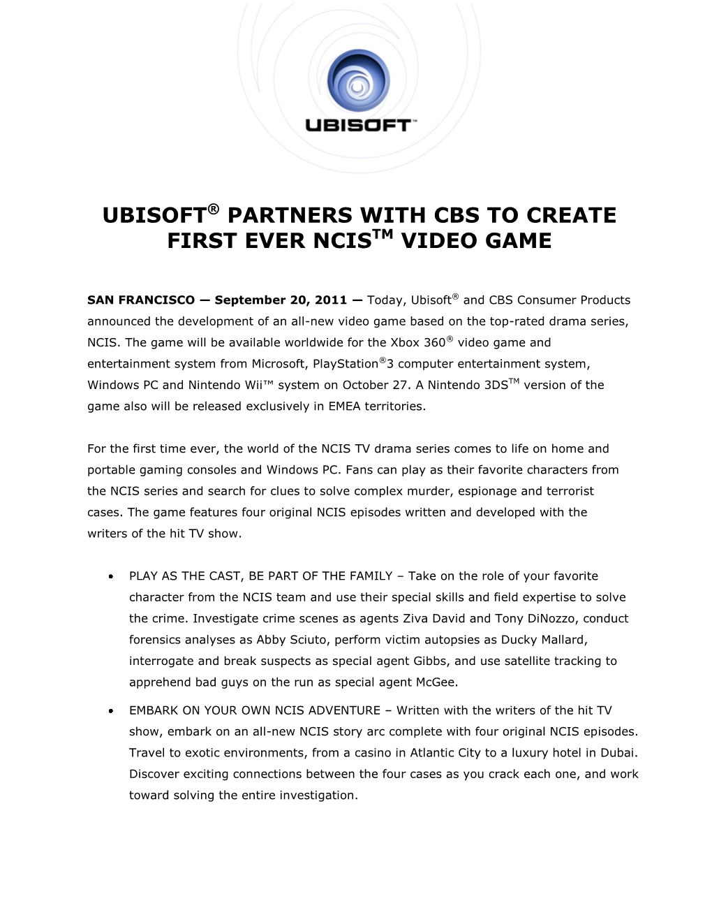 Ubisoft® Partners with Cbs to Create First Ever Ncistm Video Game