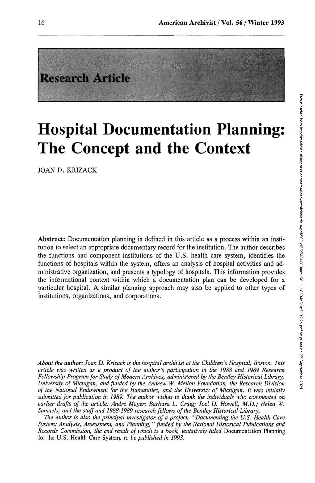 Hospital Documentation Planning: the Concept and the Context