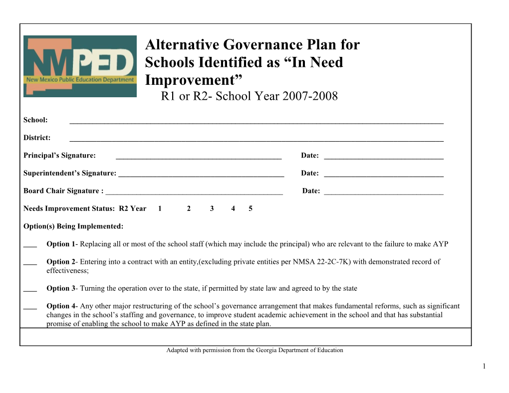 Alternative Governance Addendum to the School Improvement Plan for Title I Schools Identified