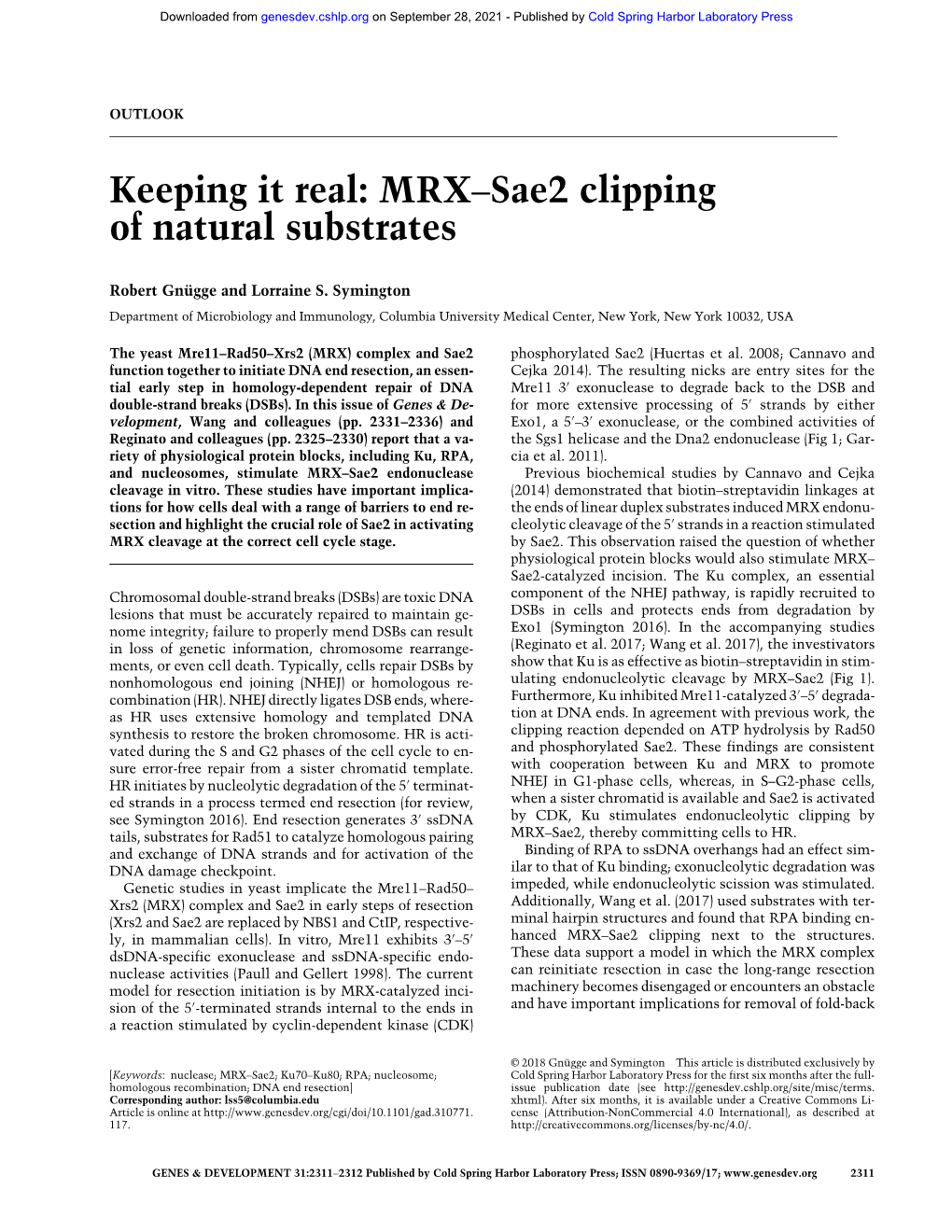 MRX–Sae2 Clipping of Natural Substrates