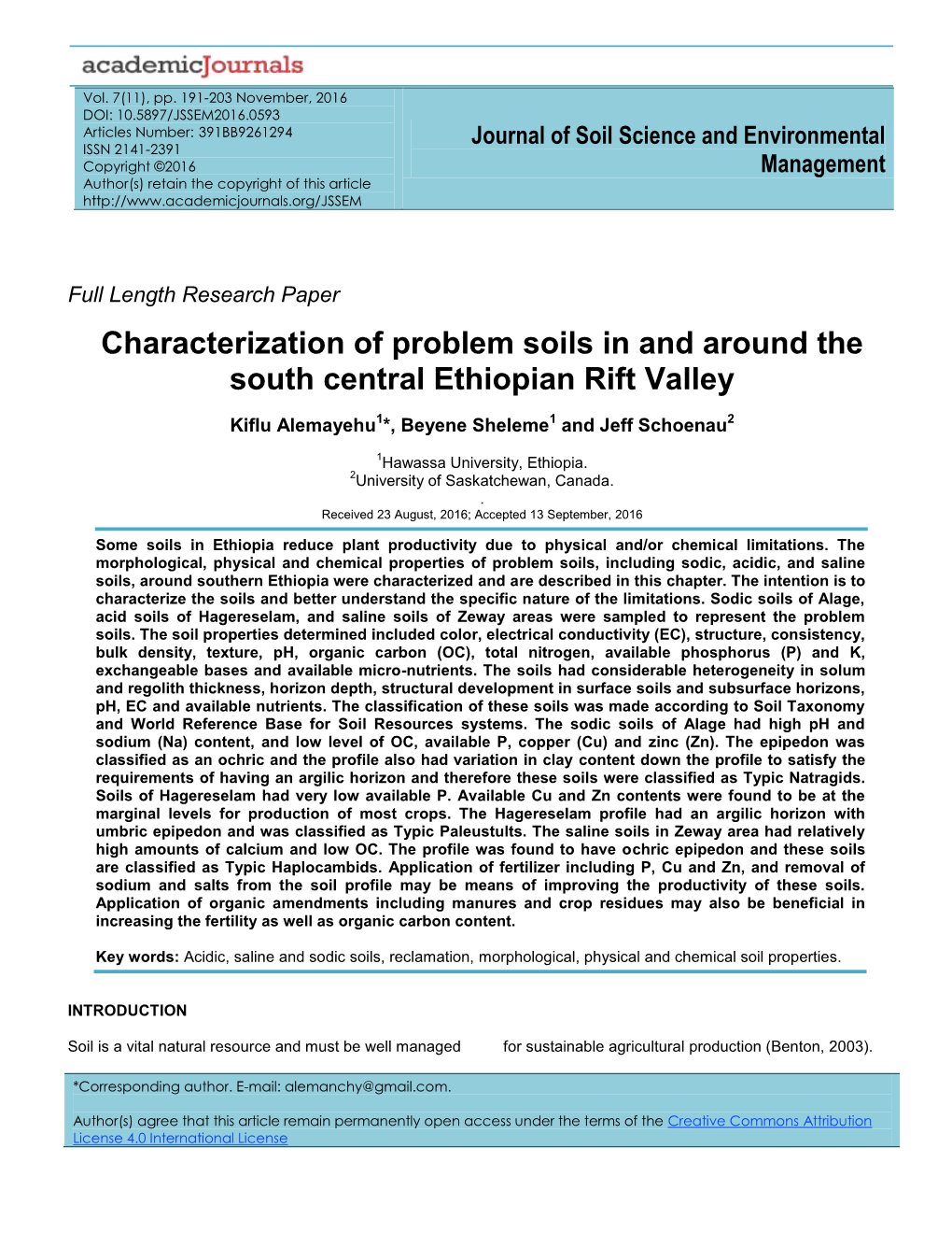 Characterization of Problem Soils in and Around the South Central Ethiopian Rift Valley