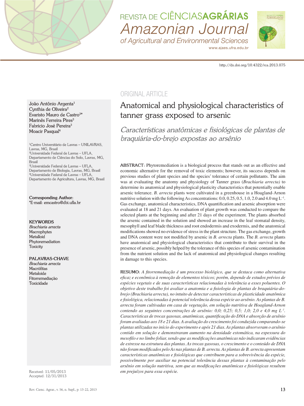 Anatomical and Physiological Characteristics of Tanner Grass Exposed to Arsenic