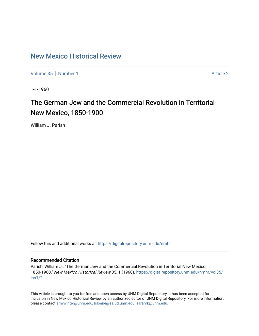 The German Jew and the Commercial Revolution in Territorial New Mexico, 1850-1900