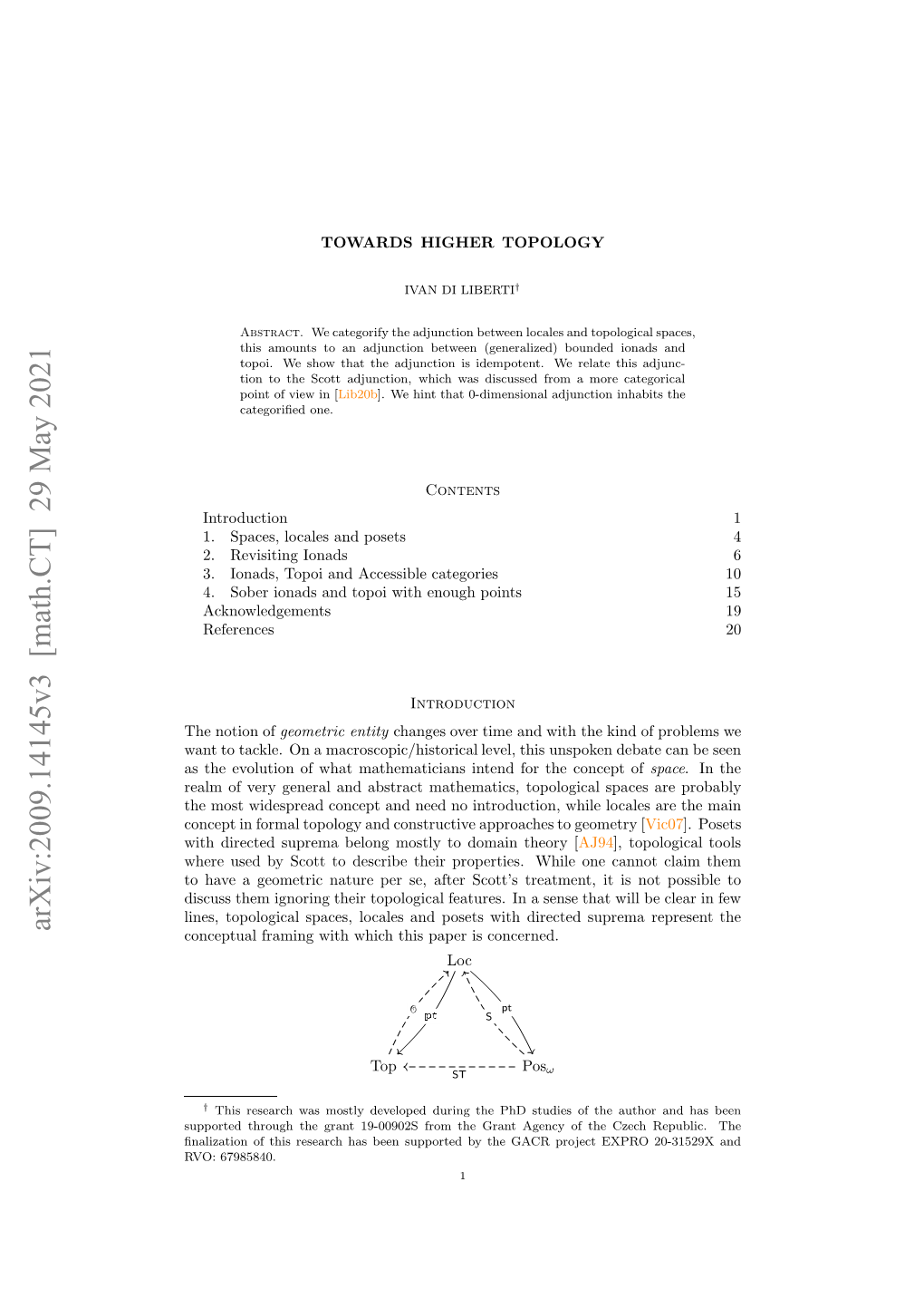 Arxiv:2009.14145V3 [Math.CT] 29 May 2021 H Oinof Notion the Ie,Tplgclsae,Lclsadpst Ihdrce Suprema Concerned