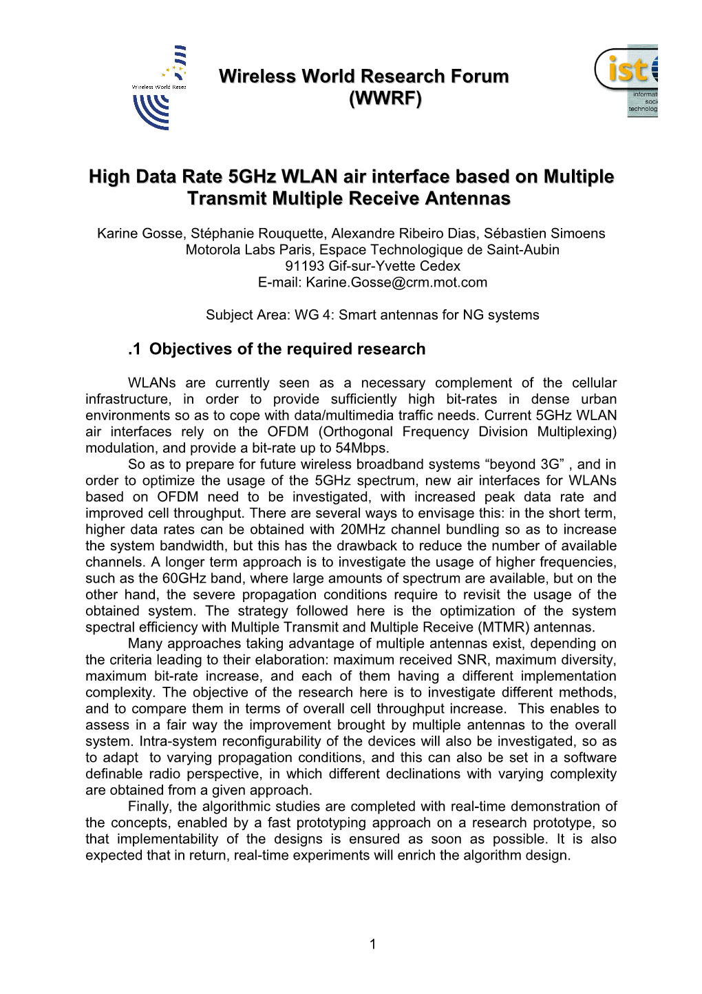 High Data Rate 5Ghz WLAN Air Interface Based on Multiple Transmit Multiple Receive Antennas