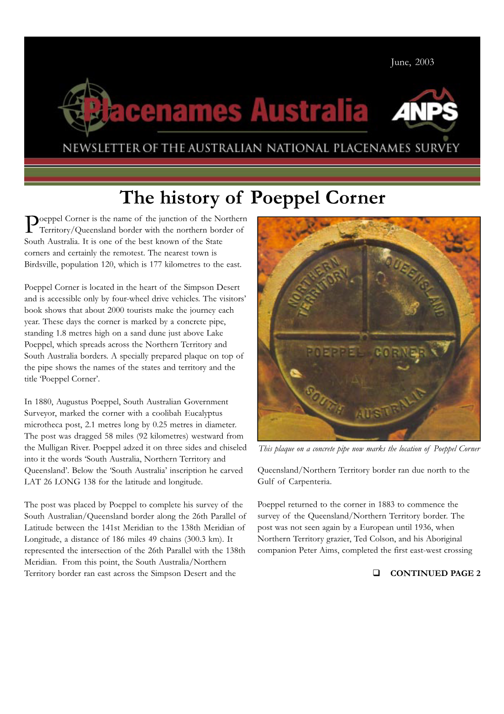 The History of Poeppel Corner Oeppel Corner Is the Name of the Junction of the Northern Pterritory/Queensland Border with the Northern Border of South Australia