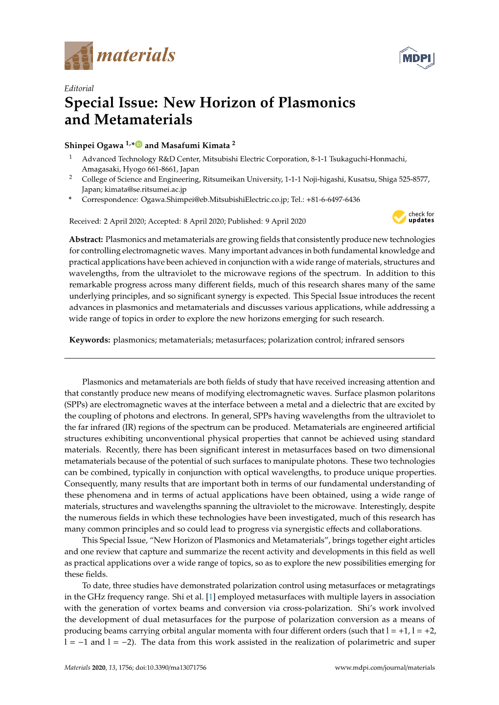 Special Issue: New Horizon of Plasmonics and Metamaterials