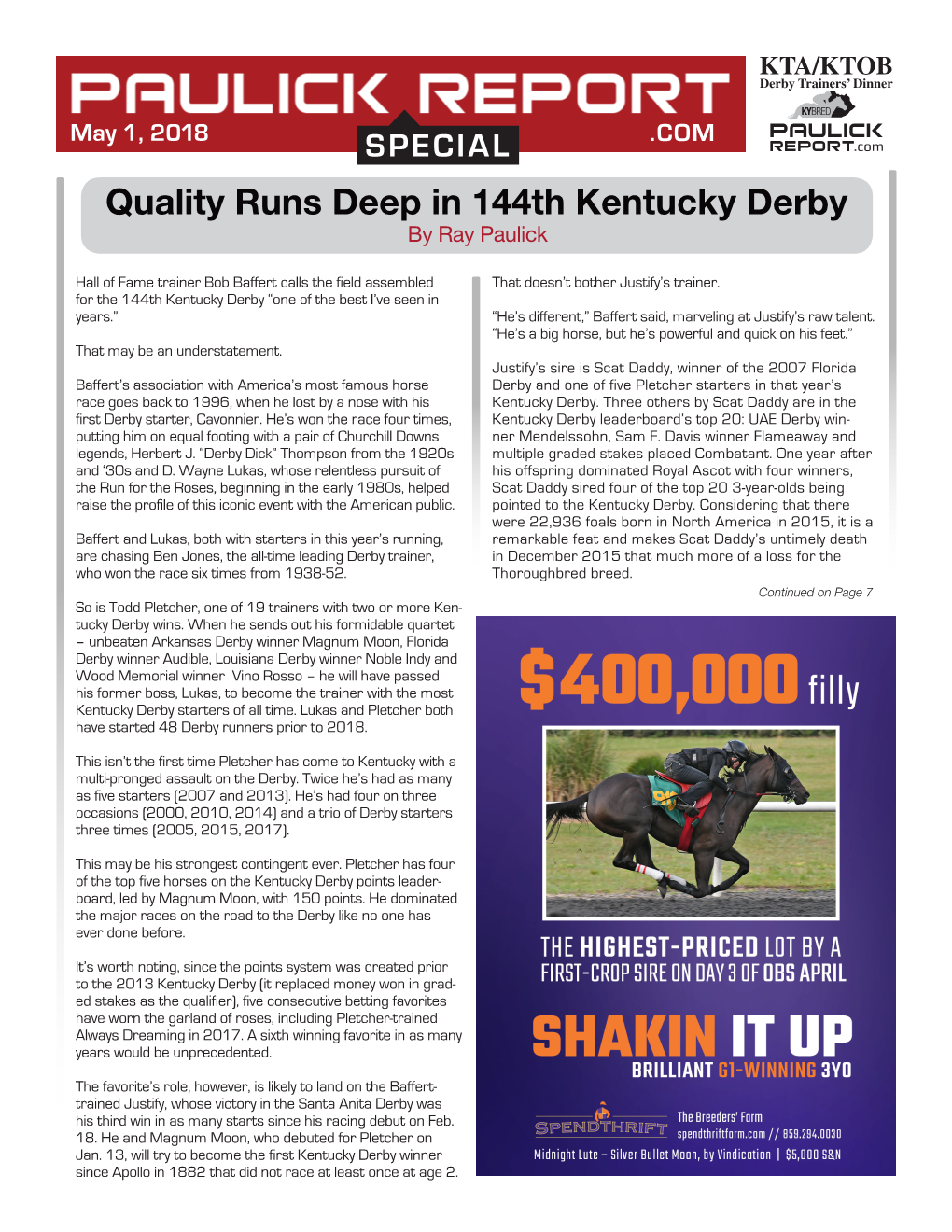 Quality Runs Deep in 144Th Kentucky Derby by Ray Paulick