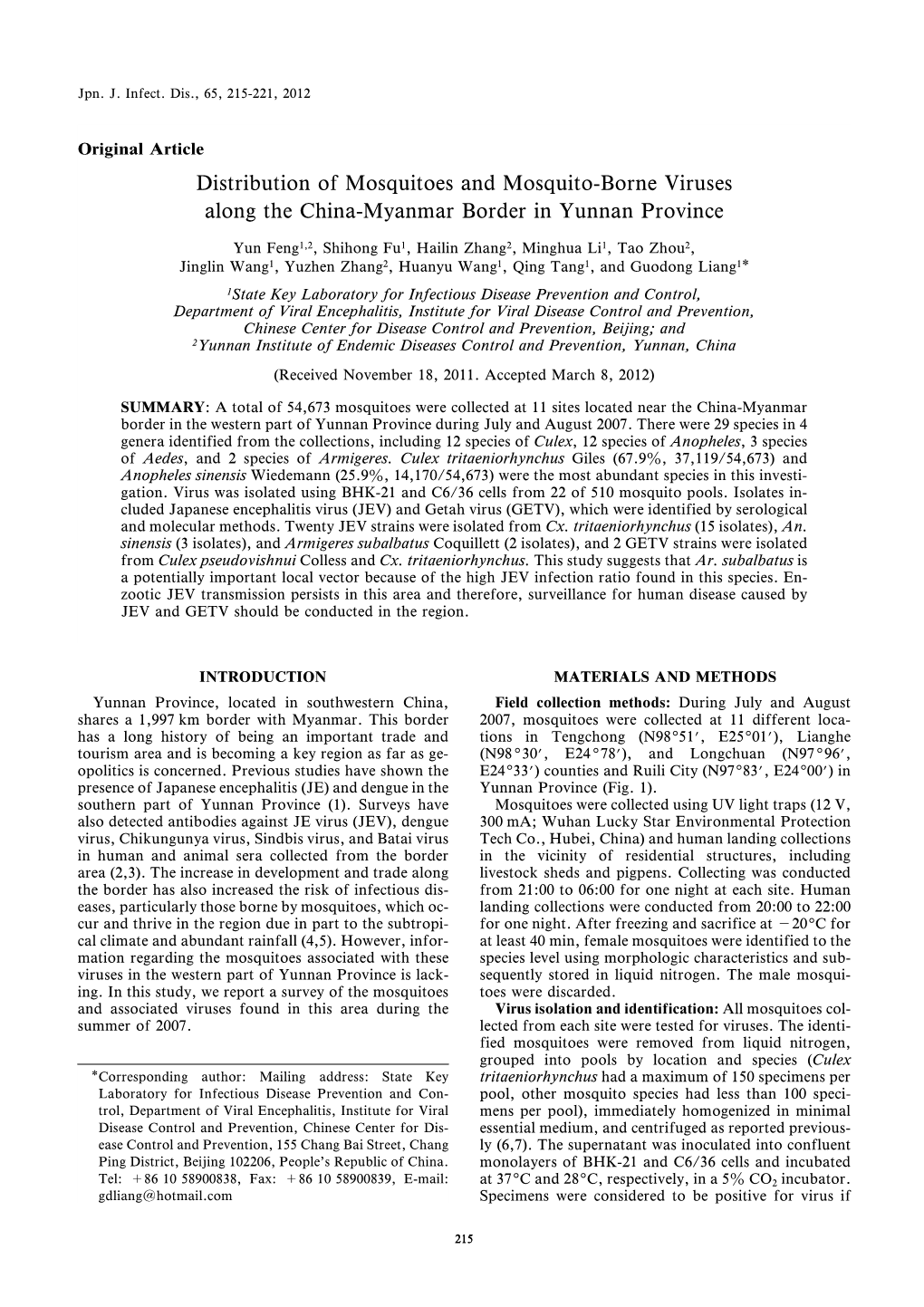 Distribution of Mosquitoes and Mosquito-Borne Viruses Along the China-Myanmar Border in Yunnan Province