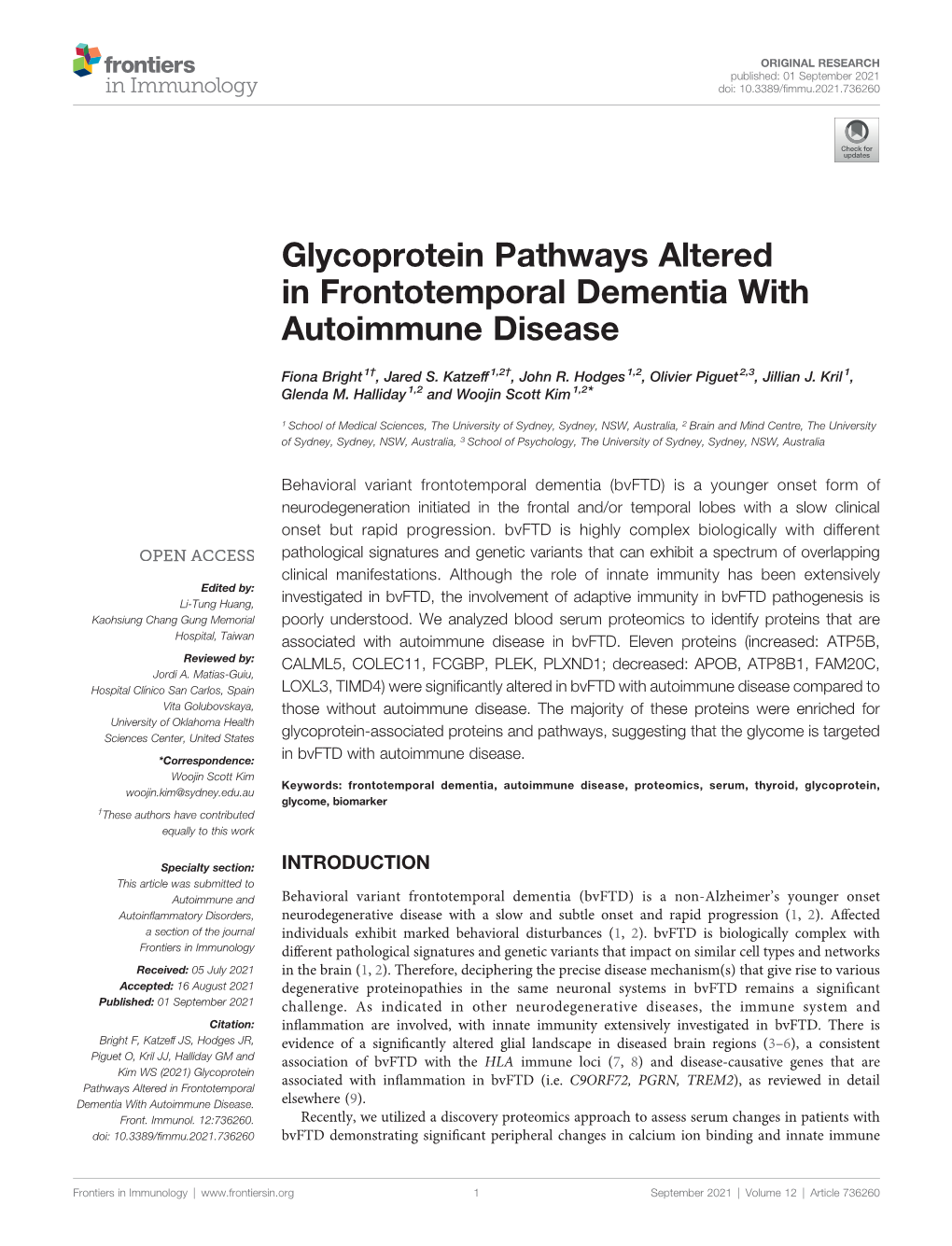 Glycoprotein Pathways Altered in Frontotemporal Dementia with Autoimmune Disease
