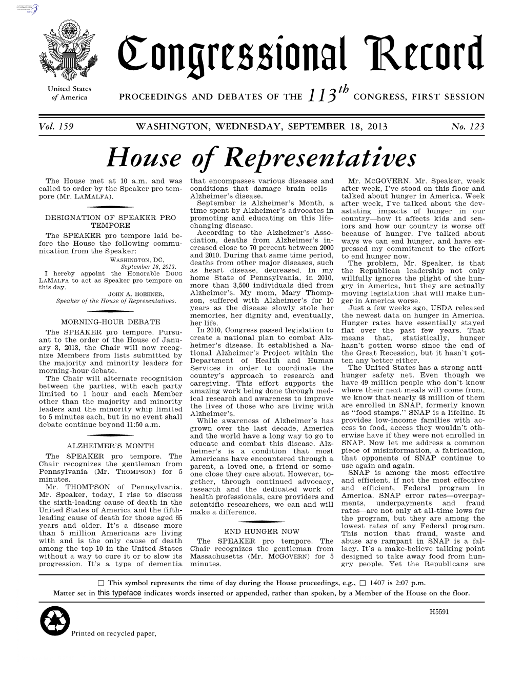 Congressional Record United States Th of America PROCEEDINGS and DEBATES of the 113 CONGRESS, FIRST SESSION