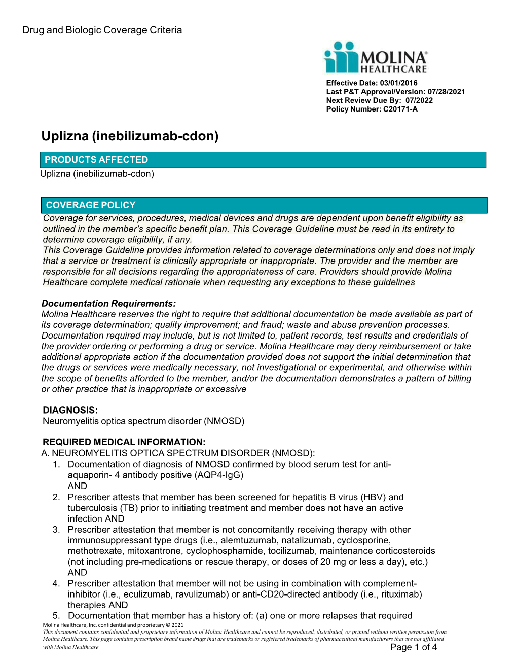 Uplizna (Inebilizumab-Cdon) C20171-A