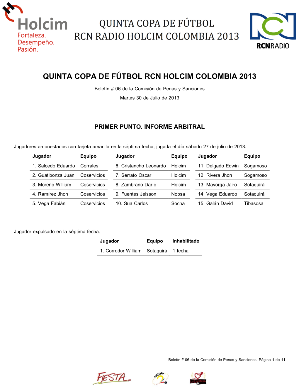 QUINTA COPA DE FÚTBOL RCN HOLCIM COLOMBIA 2013 Boletín # 06 De La Comisión De Penas Y Sanciones Martes 30 De Julio De 2013