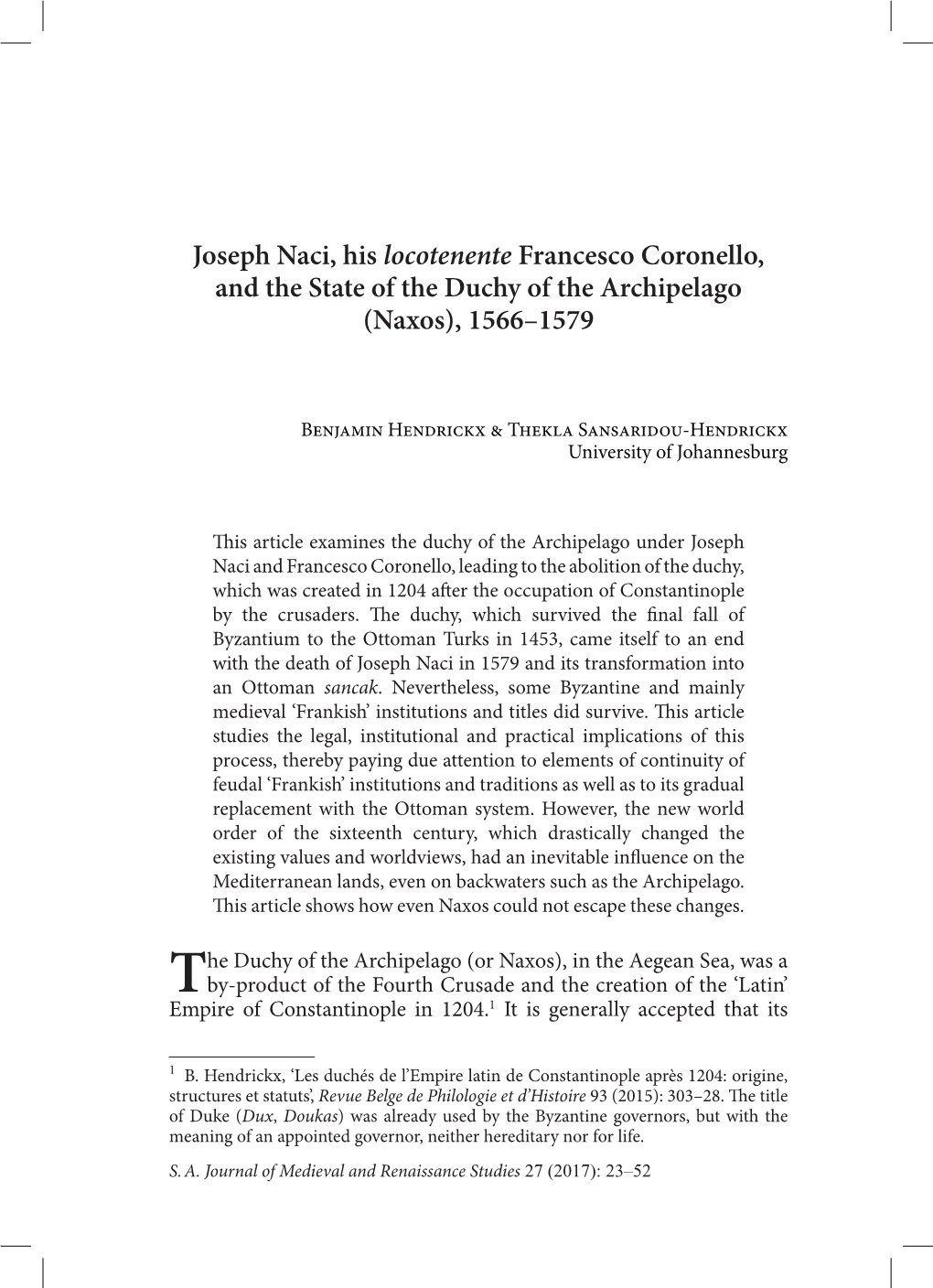 Joseph Naci, His Locotenente Francesco Coronello, and the State of the Duchy of the Archipelago (Naxos), 1566–1579