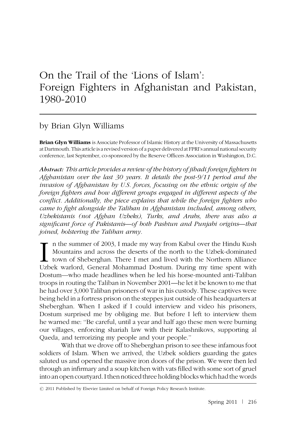 Lions of Islam’: Foreign Fighters in Afghanistan and Pakistan, 1980-2010 by Brian Glyn Williams