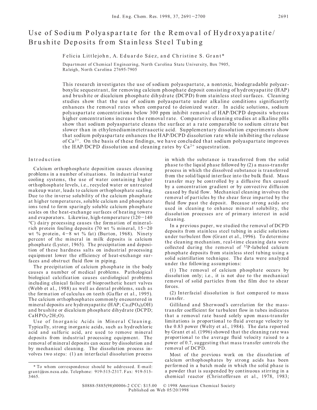 Use of Sodium Polyaspartate for the Removal of Hydroxyapatite/ Brushite Deposits from Stainless Steel Tubing