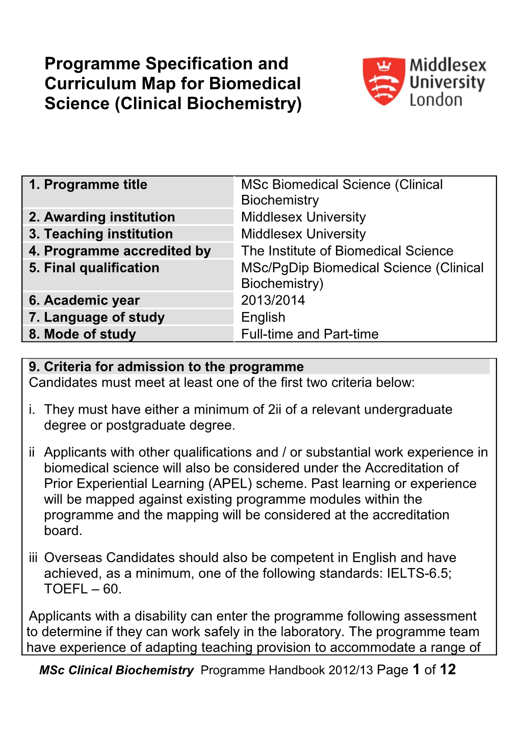 Msc Clinical Biochemistry Programme Handbook 2012/13 Page 1 of 12