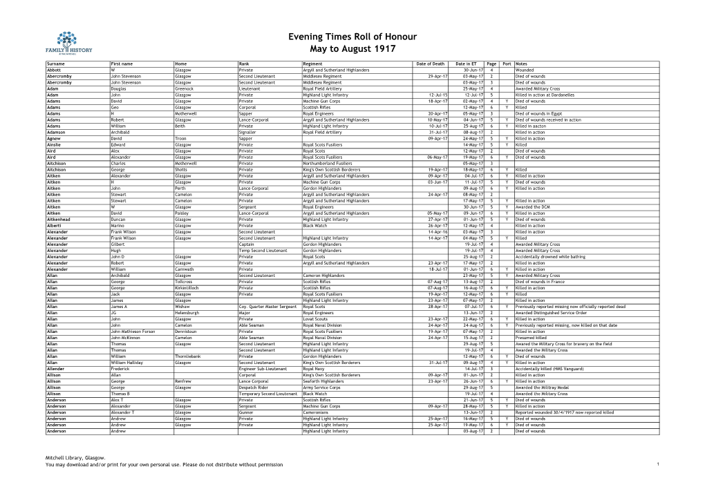 Evening Times Roll of Honour May to August 1917