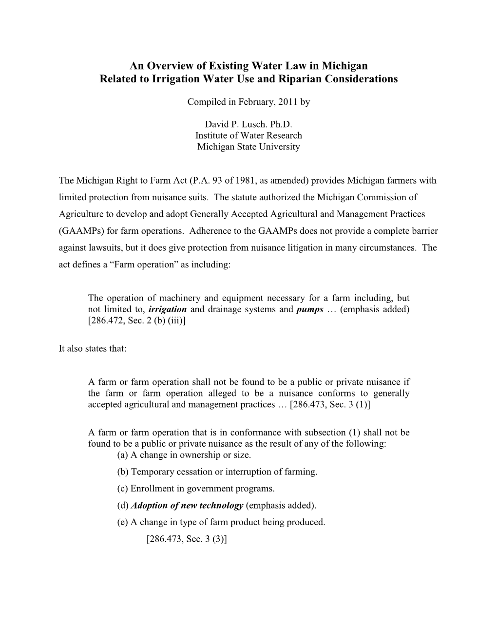 An Overview of Existing Water Law in Michigan Related to Irrigation Water Use and Riparian Considerations