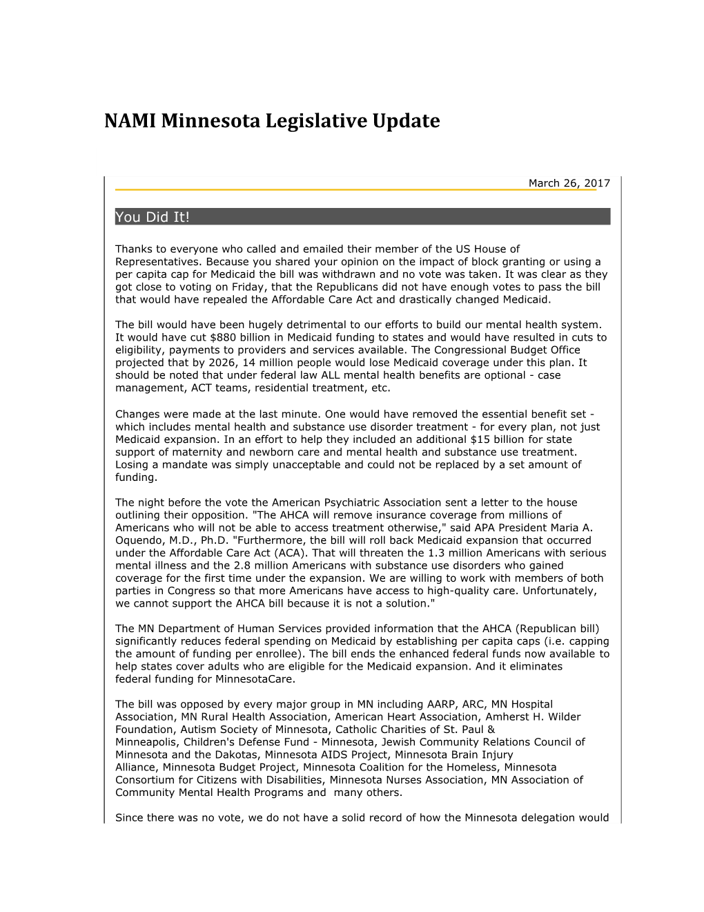 NAMI Minnesota Legislative Update