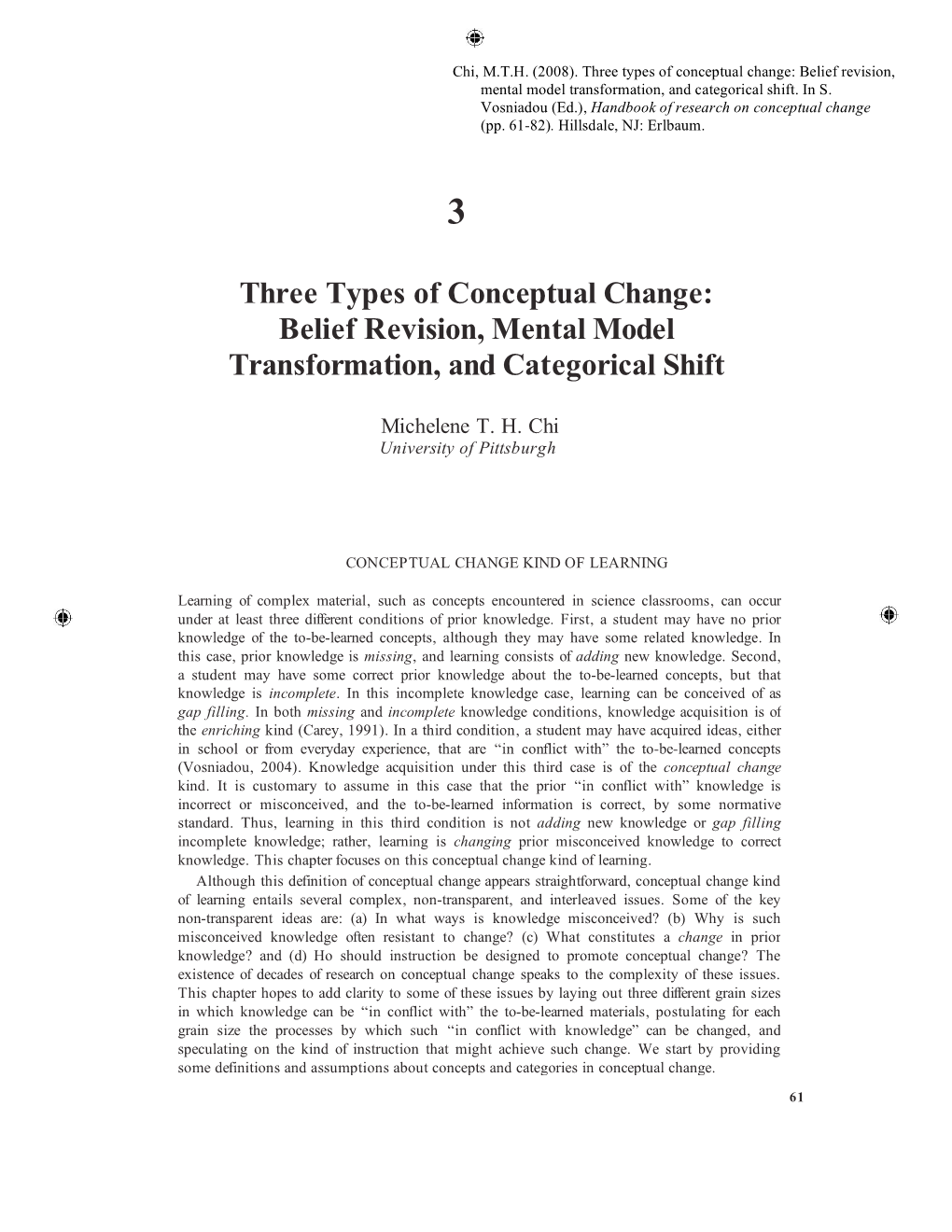 Three Types of Conceptual Change: Belief Revision, Mental Model Transformation, and Categorical Shift