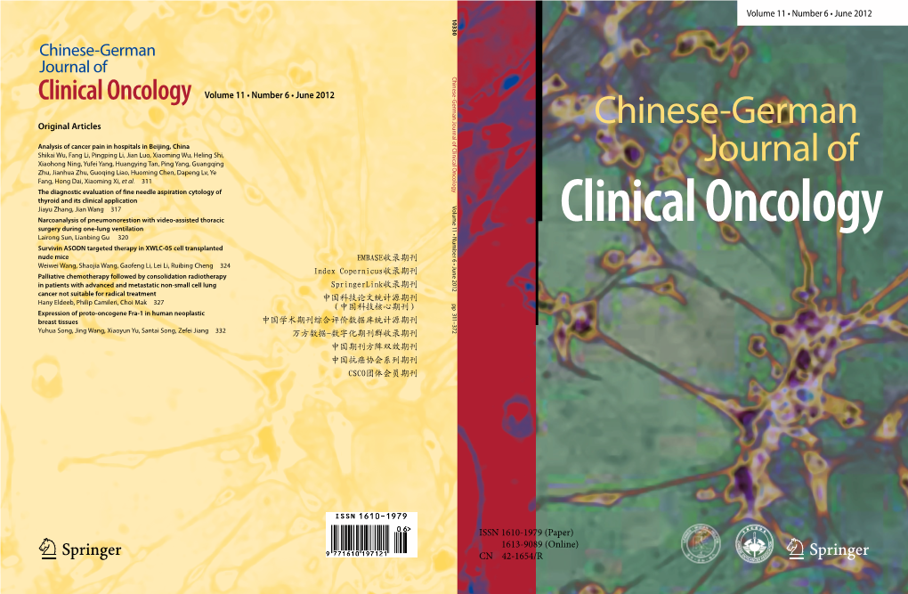 Chinese-German Journal of Chinese-German Journal of Clinical Oncology Clinical of Journal Chinese-German Clinical Oncology Volume 11 • Number 6 • June 2012