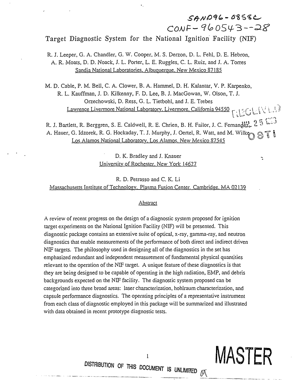 Target Diagnostic System for the National Ignition Facility (NIF)