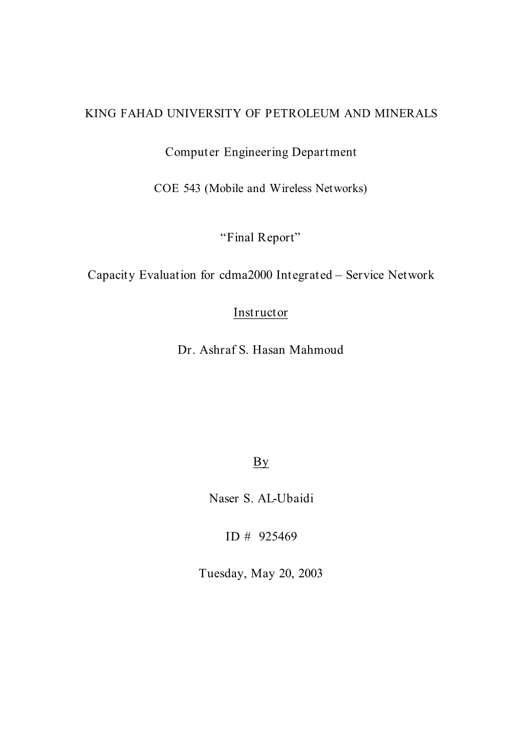 “Final Report” Capacity Evaluation for Cdma2000 Integrated