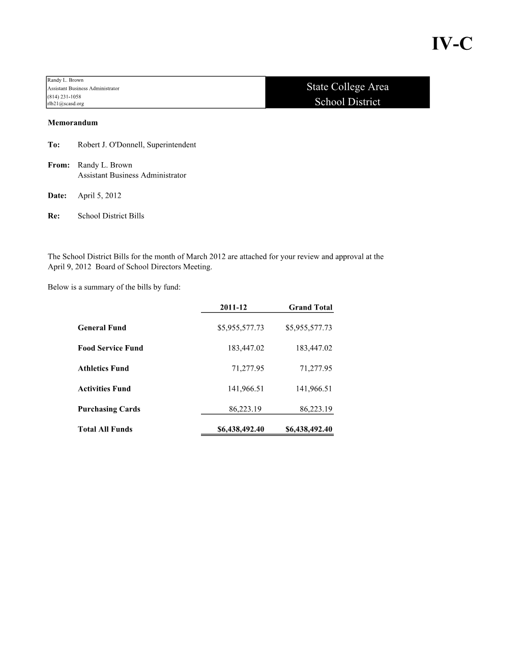 State College Area School District General Fund Checks Dated March 1 - 31, 2012 School Board Meeting April 9, 2012
