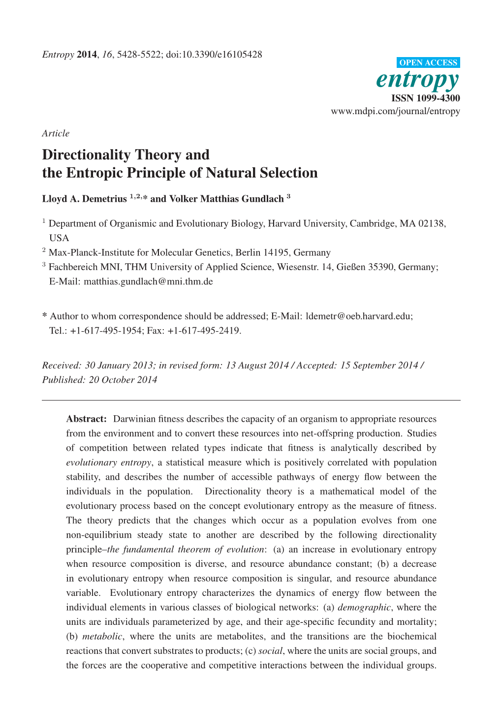 Directionality Theory and the Entropic Principle of Natural Selection