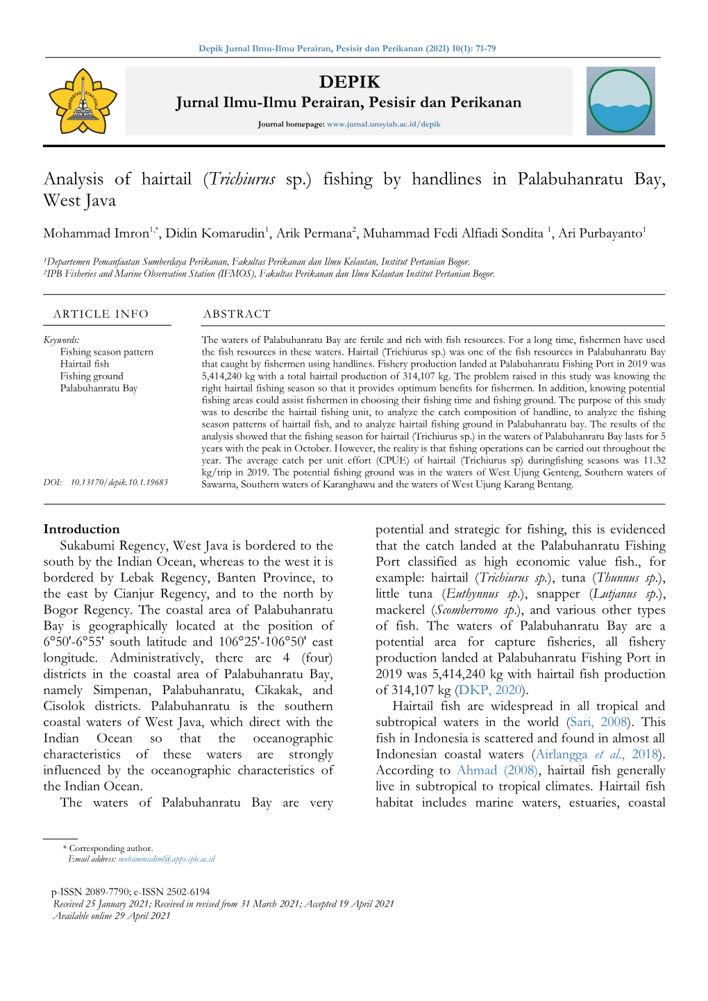 DEPIK Analysis of Hairtail (Trichiurus Sp.) Fishing by Handlines in Palabuhanratu Bay, West Java