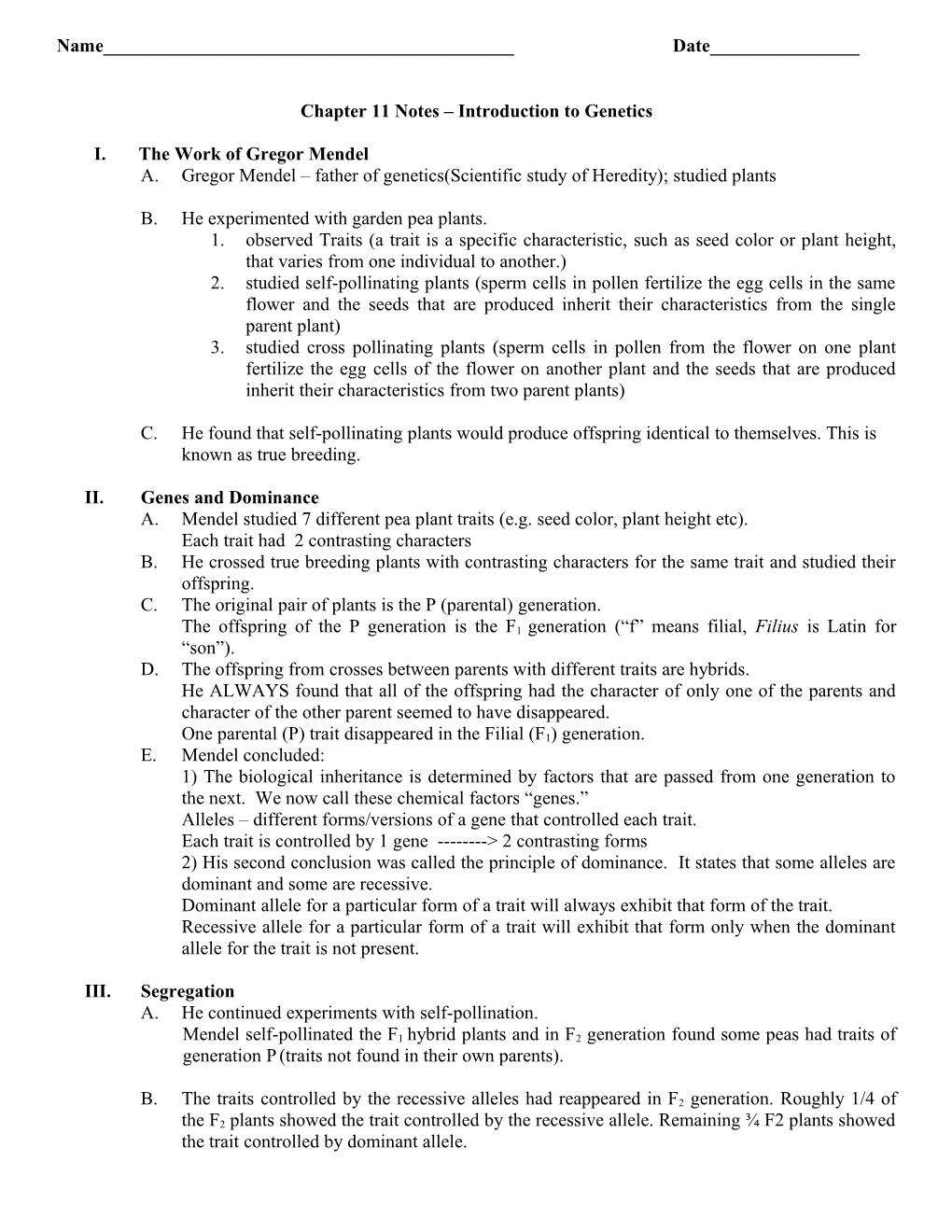 Chapter 11 Notes Introduction to Genetics