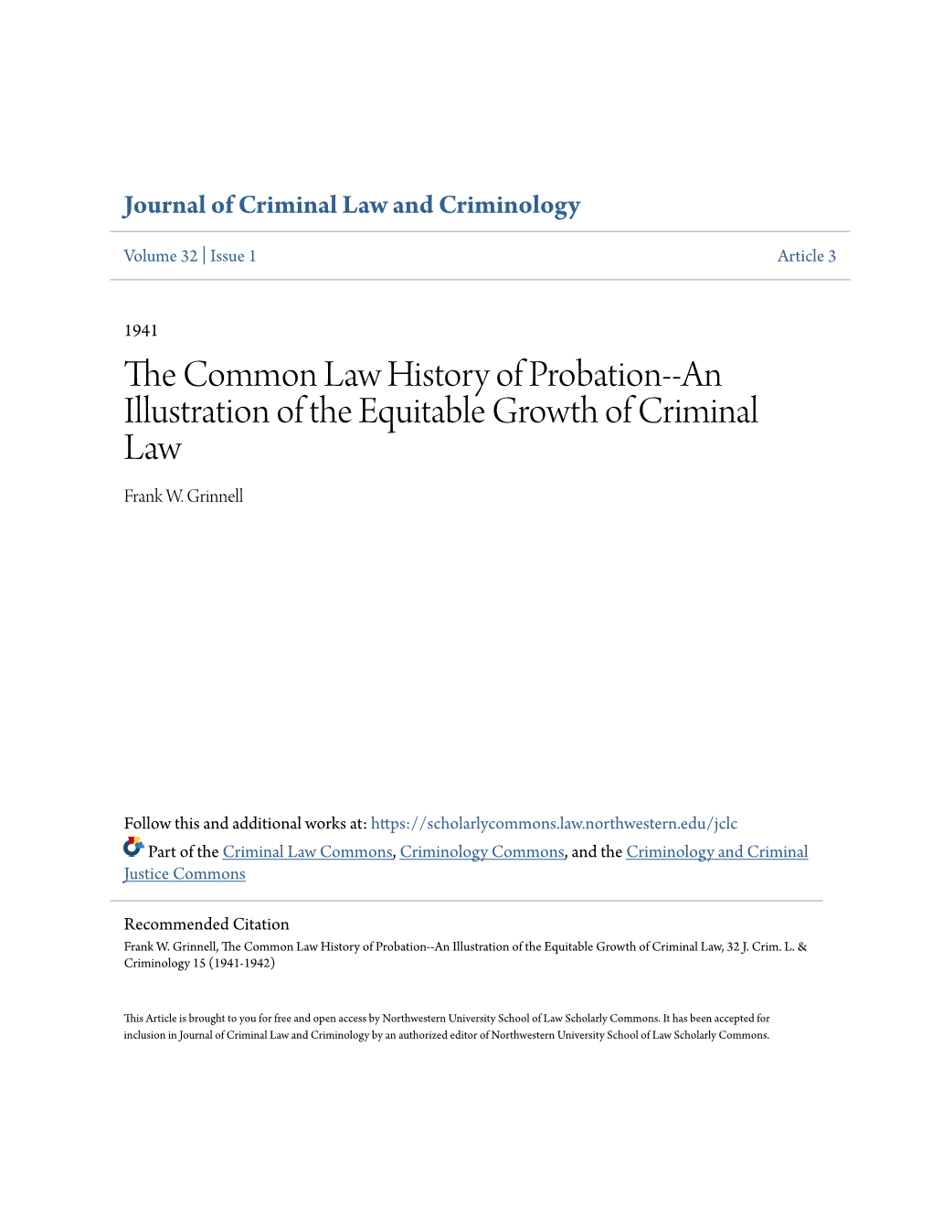 THE COMMON LAW HISTORY of PROBATION an Illustration of the "Equitable" Growth of Criminal Law Frank W