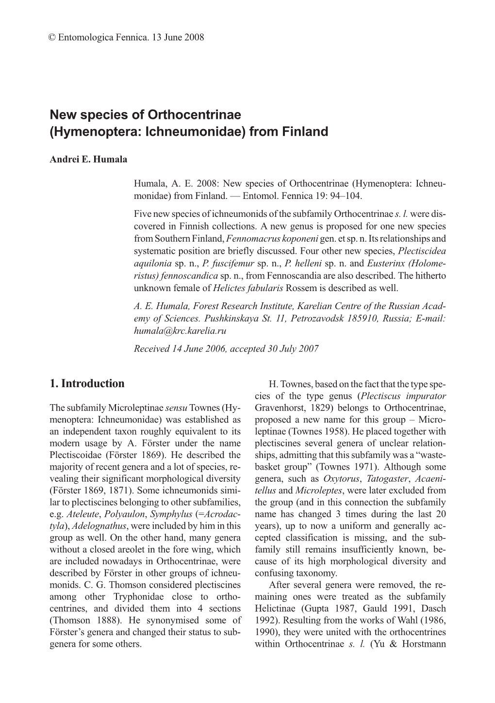 Hymenoptera: Ichneumonidae) from Finland