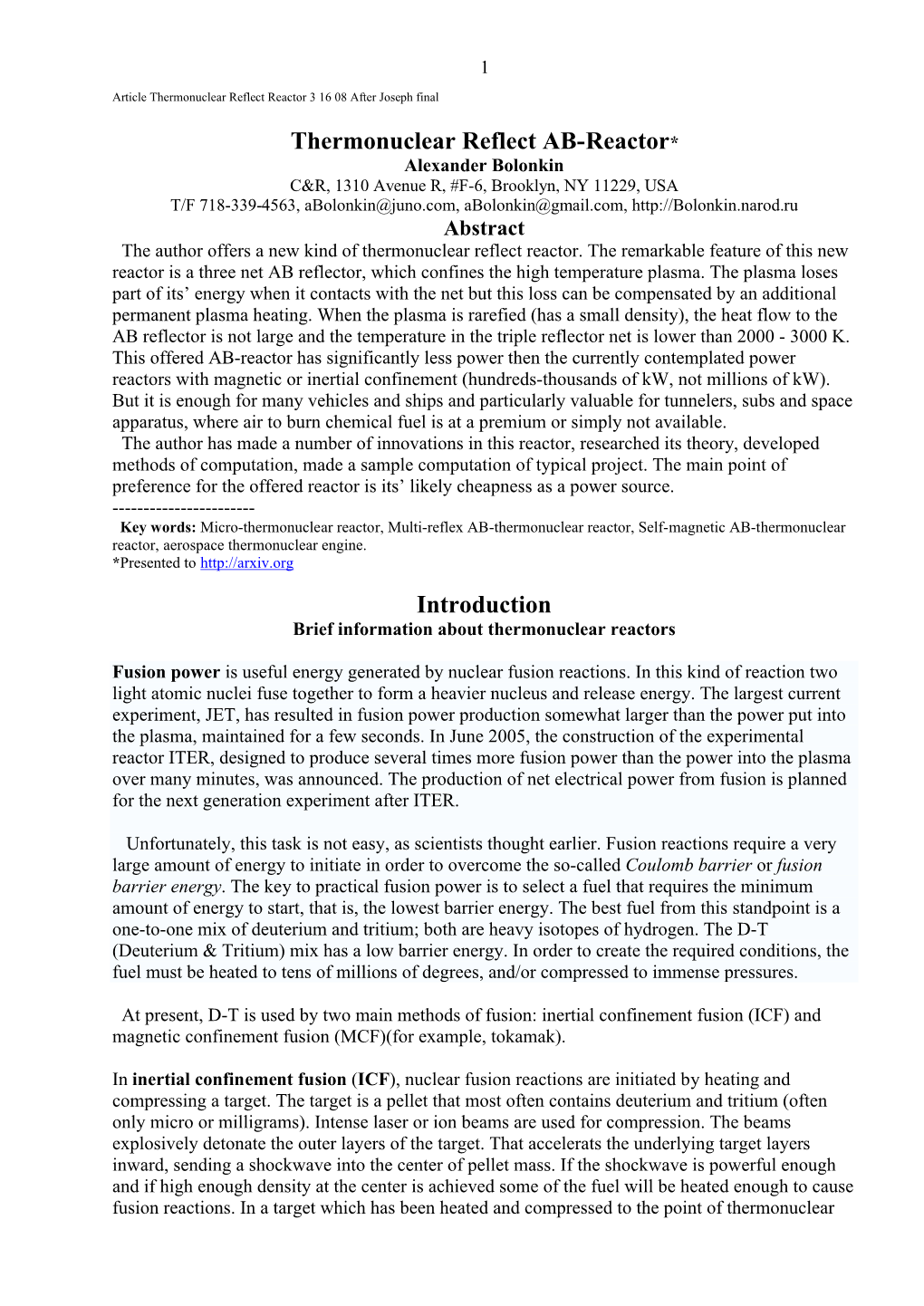 Thermonuclear Reflect AB-Reactor* Introduction