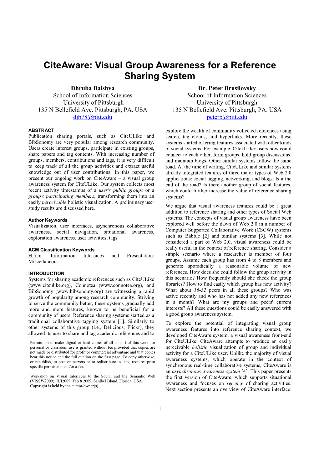 Visual Group Awareness for a Reference Sharing System Dhruba Baishya Dr