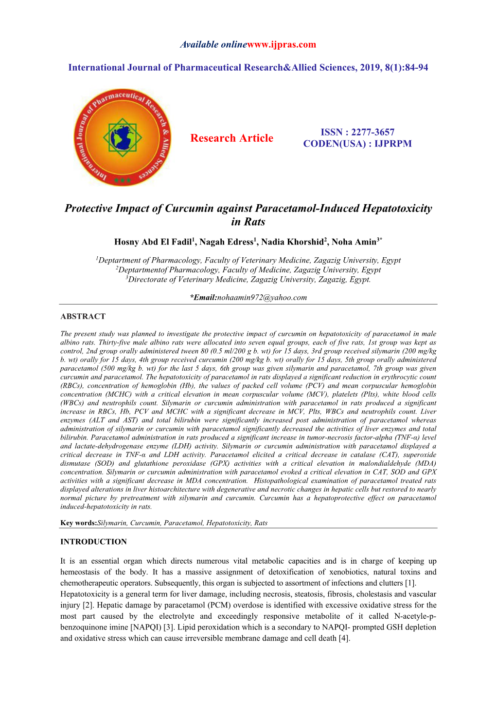 Protective Impact of Curcumin Against Paracetamol-Induced Hepatotoxicity in Rats