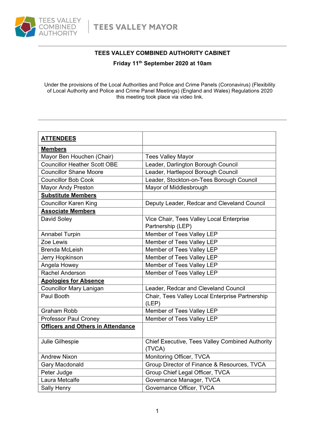 1 ATTENDEES Members Mayor Ben Houchen (Chair) Tees Valley Mayor Councillor Heather Scott OBE Leader, Darlington Borough Co