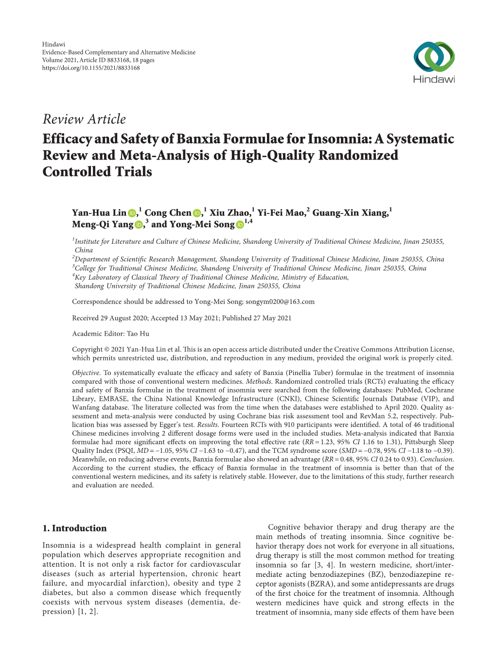 Efficacy and Safety of Banxia Formulae for Insomnia: a Systematic Review and Meta-Analysis of High-Quality Randomized Controlled Trials